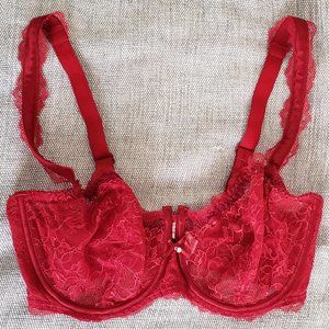 Chantelle, sheer red lace bra, 32DDD